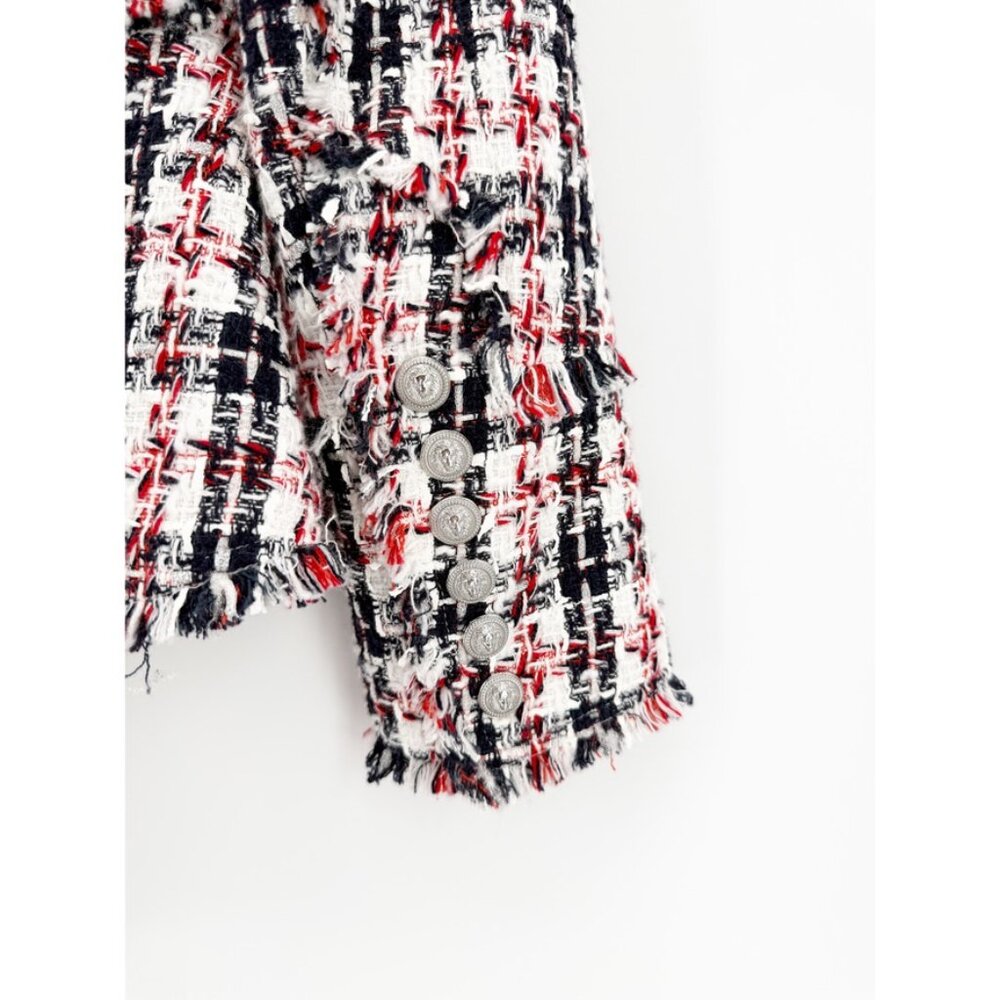 Balmain White Red Navy Silver Lion Button Tweed Blazer Jacket Sz FR 38 US 6 - Picture 3 of 6